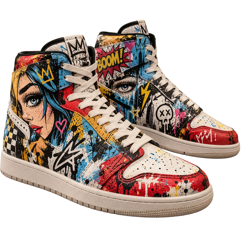 Pair of custom high-top sneakers covered in graffiti pop-art with comic faces