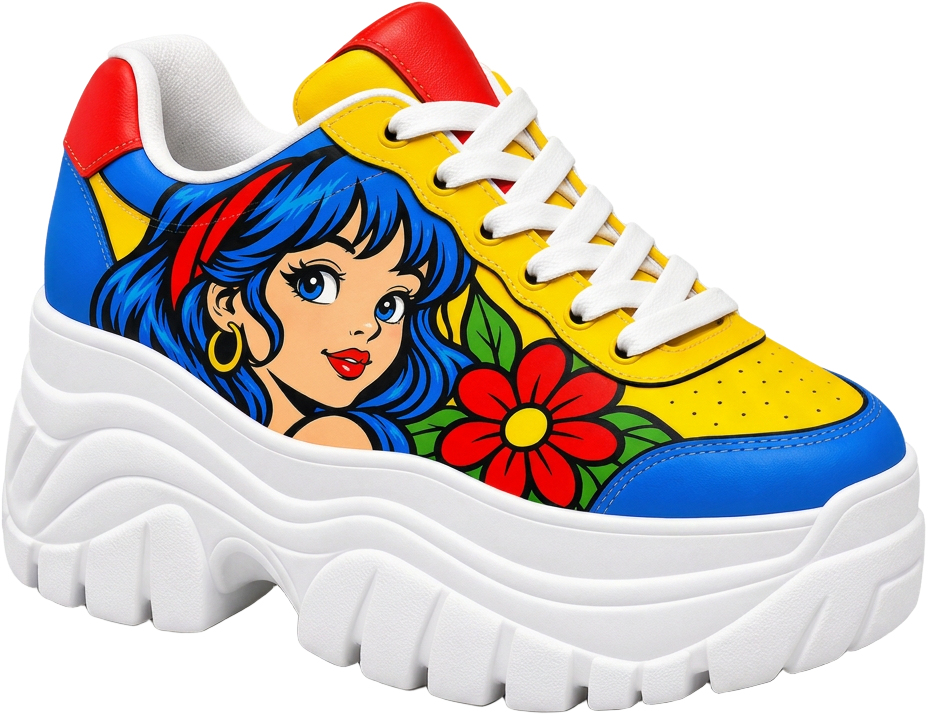 Chunky platform sneaker with anime-style girl portrait and flower artwork