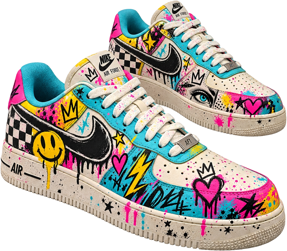 Pair of custom hand-painted Nike Air Force 1 sneakers with graffiti pop-art