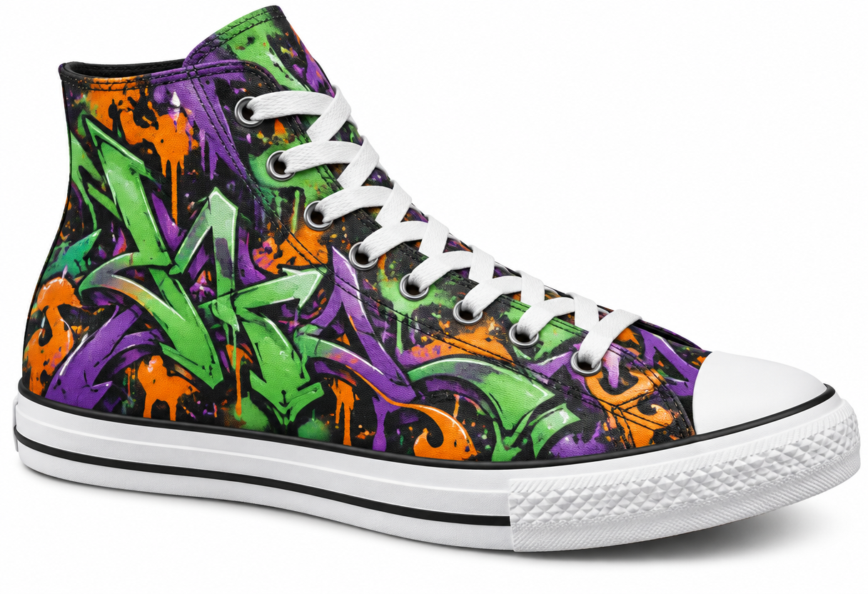 High-top canvas sneaker covered in graffiti mural art