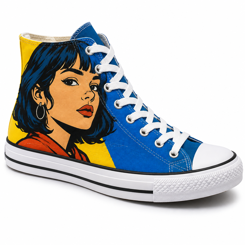 High-top canvas sneaker with painted portrait illustration