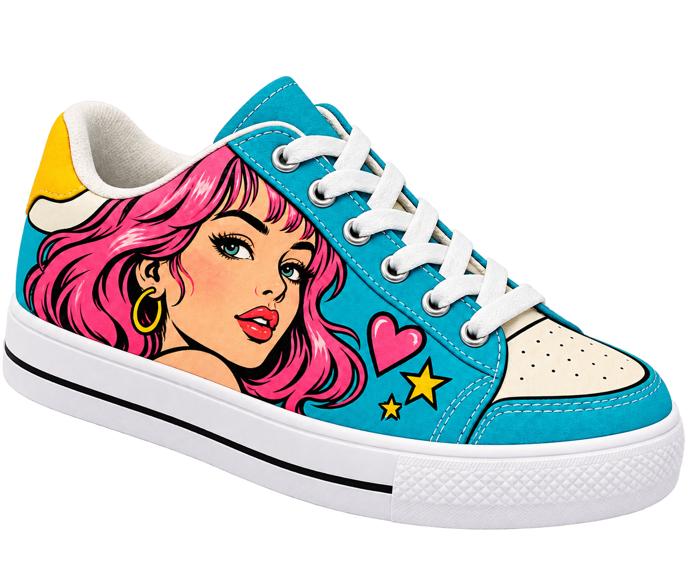 Low-top sneaker with pop-art portrait of a woman with pink hair, hearts and stars